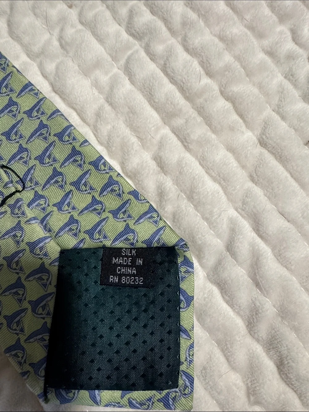 Vineyard Vines Boys Green and Navy shark Print Silk Zip Tie